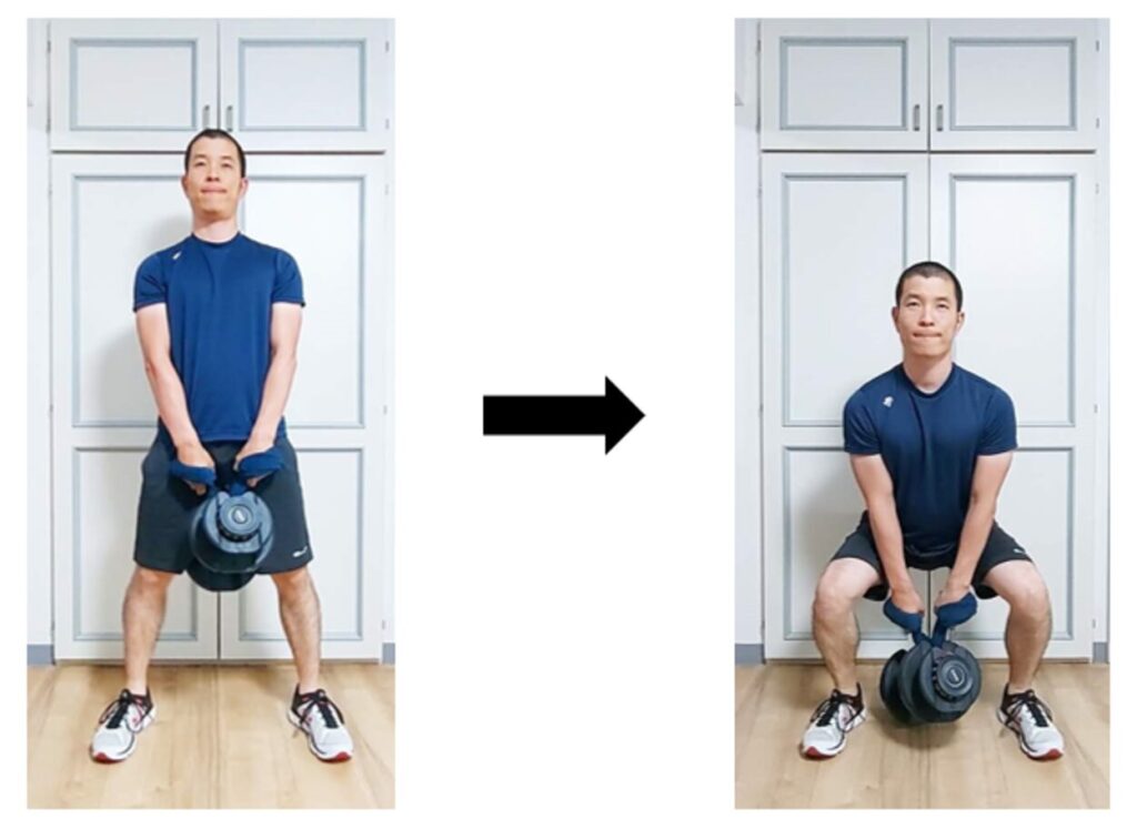 タオルを使って行うダンベルスクワットのやり方の説明