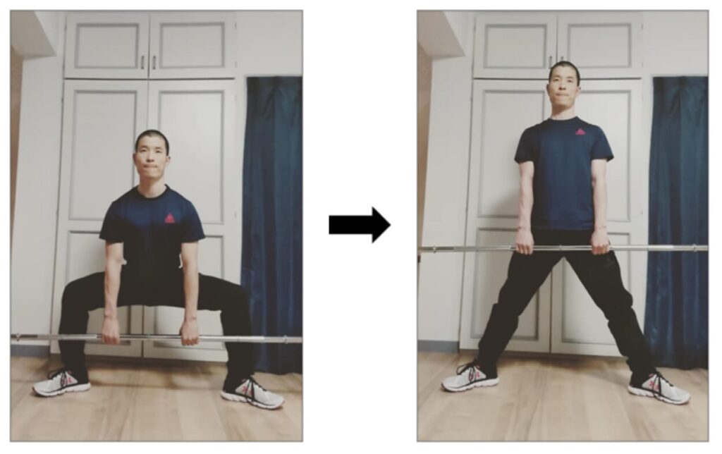 足幅を横に広く開いたデッドリフトのやり方の説明