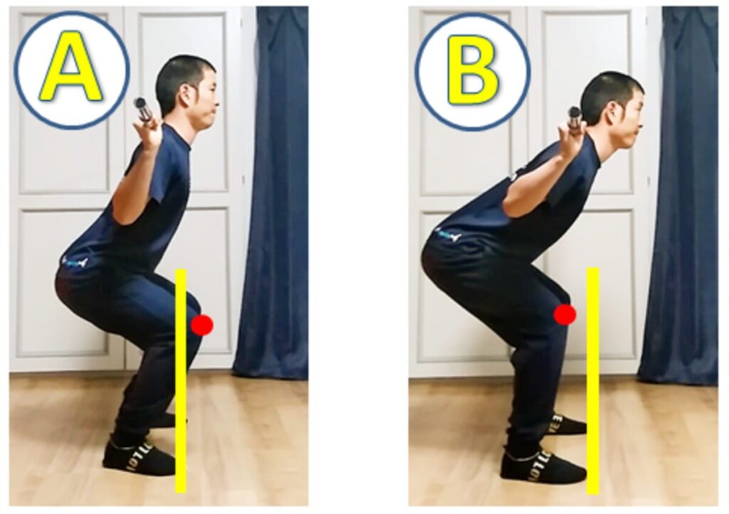 膝がつま先より前に出るスクワットと膝がつま先より前に出ないスクワットの比較