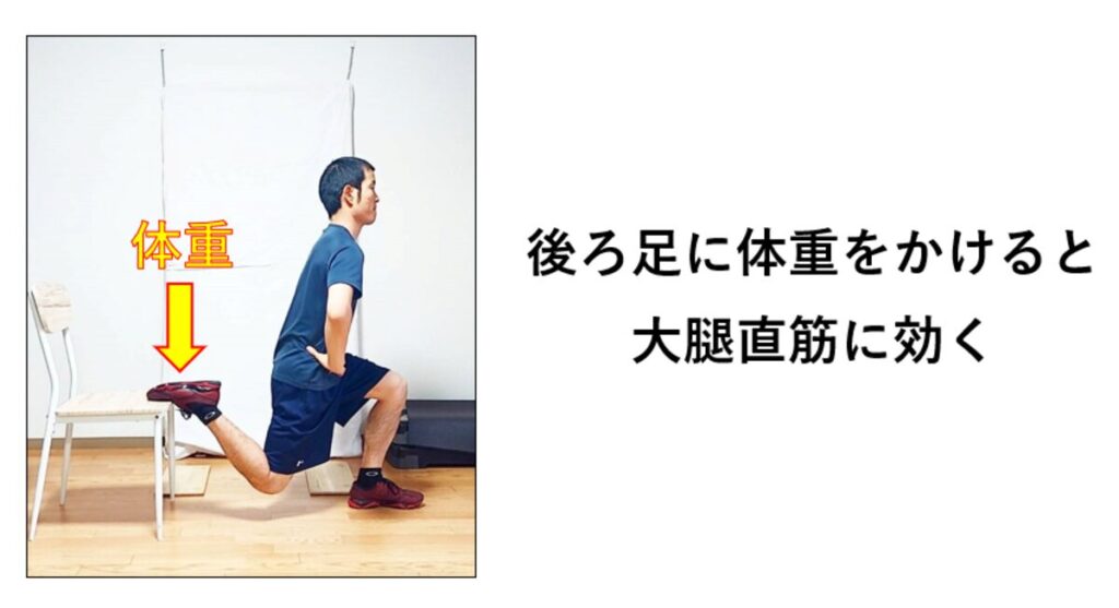 後足に体重をかけたブルガリアンスクワットのやり方の説明